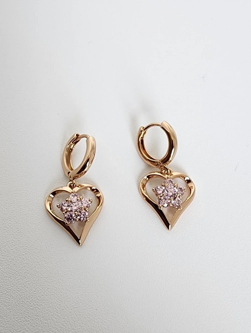Rose Gold Plated Heart Drop Earrings Pink CZ Crystal Dangle Hoops